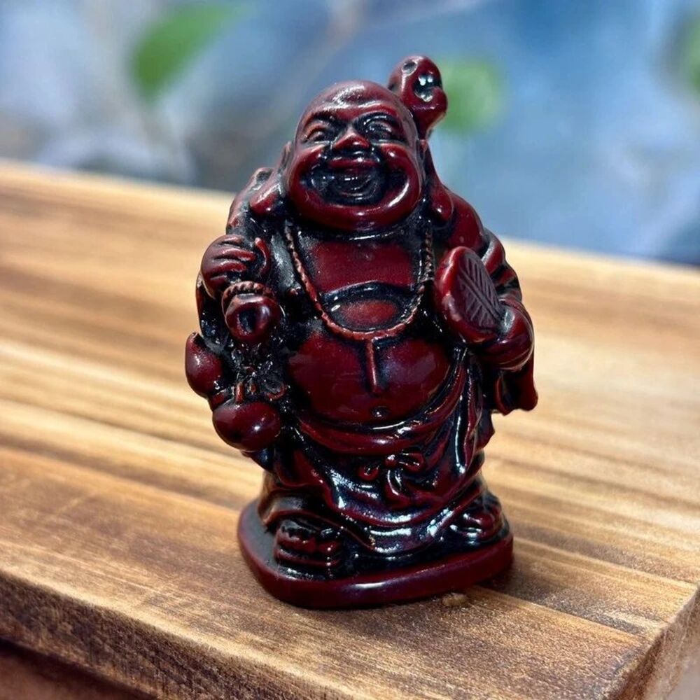 VTG Lucky Laughing Buddha Miniature Figurine Feng Shui Red Resin
